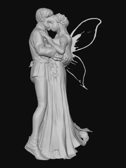 3D model for beautiful woodland fairies in a slow dance posture, the queen is adorned with wild flowers, she has a beautiful curvy figure, she has long wavy auburn hair. Her male partner is holding her by the waist and hand as they dance mid-air. The fairy couple have wings made of fine lace like porcelain. The scene is set against a plain white background 
Suitable for 3d printing