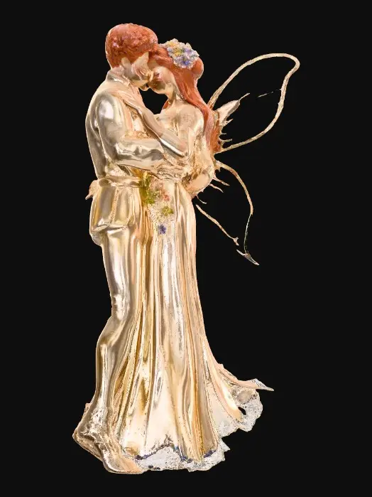 3D model for beautiful woodland fairies in a slow dance posture, the queen is adorned with wild flowers, she has a beautiful curvy figure, she has long wavy auburn hair. Her male partner is holding her by the waist and hand as they dance mid-air. The fairy couple have wings made of fine lace like porcelain. The scene is set against a plain white background 
Suitable for 3d printing