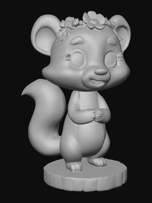 3D model for An adorable chibi cartoonish skunk wearing a crown of tiny flowers. Standing on a round slice of natural wood. Suitable for 3d model printing.