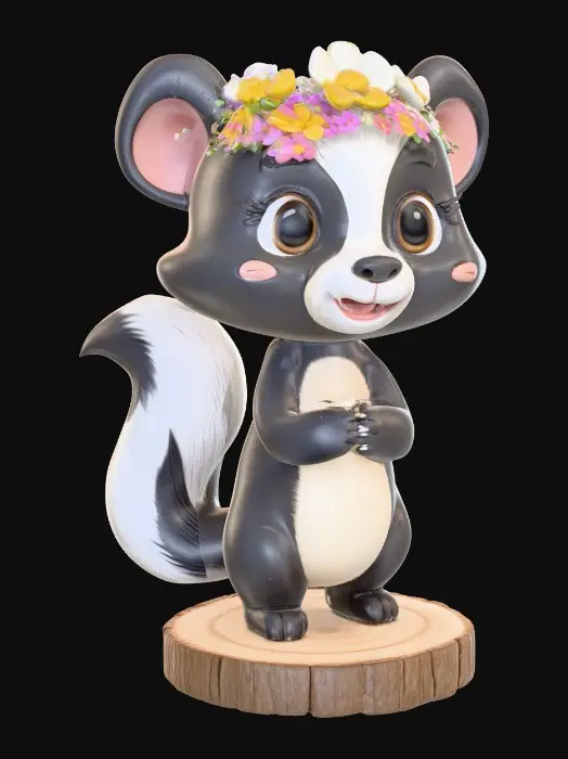 3D model for An adorable chibi cartoonish skunk wearing a crown of tiny flowers. Standing on a round slice of natural wood. Suitable for 3d model printing.