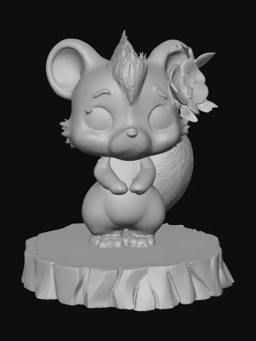 3D model for An adorable chibi cartoonish skunk wearing a crown of tiny flowers. Standing on a round slice of natural wood. Suitable for 3d model printing.