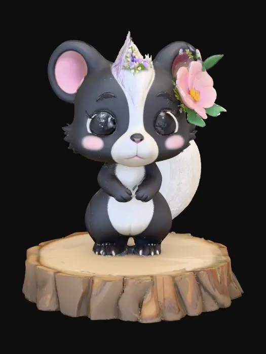 3D model for An adorable chibi cartoonish skunk wearing a crown of tiny flowers. Standing on a round slice of natural wood. Suitable for 3d model printing.