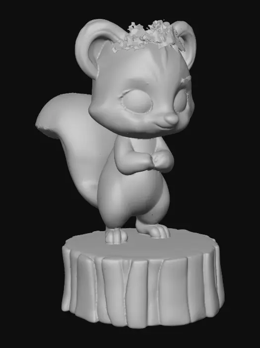3D model for An adorable chibi cartoonish skunk wearing a crown of tiny flowers. Standing on a round slice of natural wood. Suitable for 3d model printing.