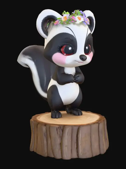 3D model for An adorable chibi cartoonish skunk wearing a crown of tiny flowers. Standing on a round slice of natural wood. Suitable for 3d model printing.
