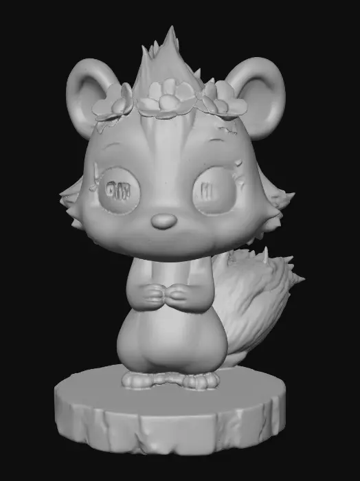 3D model for An adorable chibi cartoonish skunk wearing a crown of tiny flowers. Standing on a round slice of natural wood. Suitable for 3d model printing.