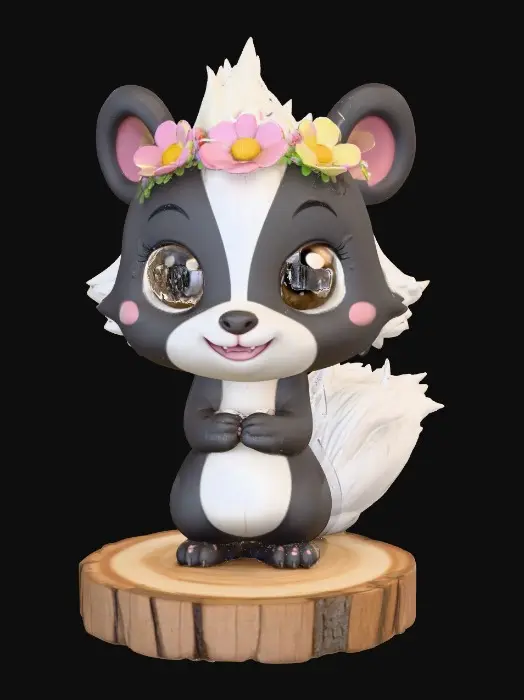 3D model for An adorable chibi cartoonish skunk wearing a crown of tiny flowers. Standing on a round slice of natural wood. Suitable for 3d model printing.