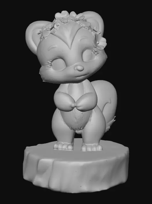 3D model for An adorable chibi cartoonish skunk wearing a crown of tiny flowers. Standing on a round slice of natural wood. Suitable for 3d model printing.
