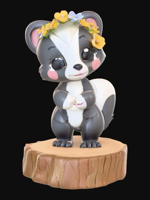3D model for An adorable chibi cartoonish skunk wearing a crown of tiny flowers. Standing on a round slice of natural wood. Suitable for 3d model printing.