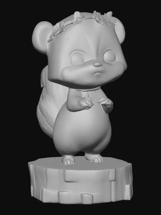 3D model for An adorable chibi cartoonish skunk wearing a crown of tiny flowers. Standing on a round slice of natural wood. Suitable for 3d model printing.
