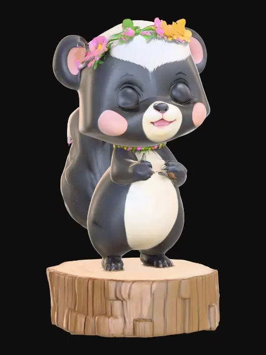 3D model for An adorable chibi cartoonish skunk wearing a crown of tiny flowers. Standing on a round slice of natural wood. Suitable for 3d model printing.