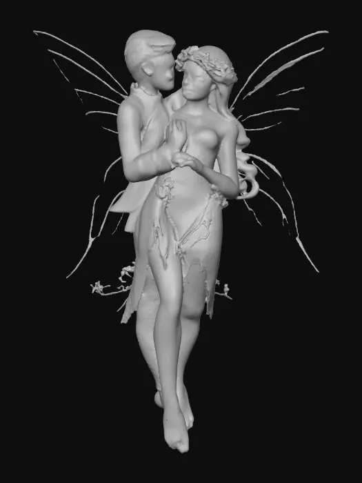 3D model for beautiful woodland fairy in a slow dance posture in mid-air, she is adorned with wild flowers, she has a beautiful figure, slim with a large bust, she has long wavy auburn hair. Her male fairy partner is holding her by the waist and hand as they dance mid-air. The fairy couple have wings made of fine lace like porcelain.  Lots of jewel like colors.