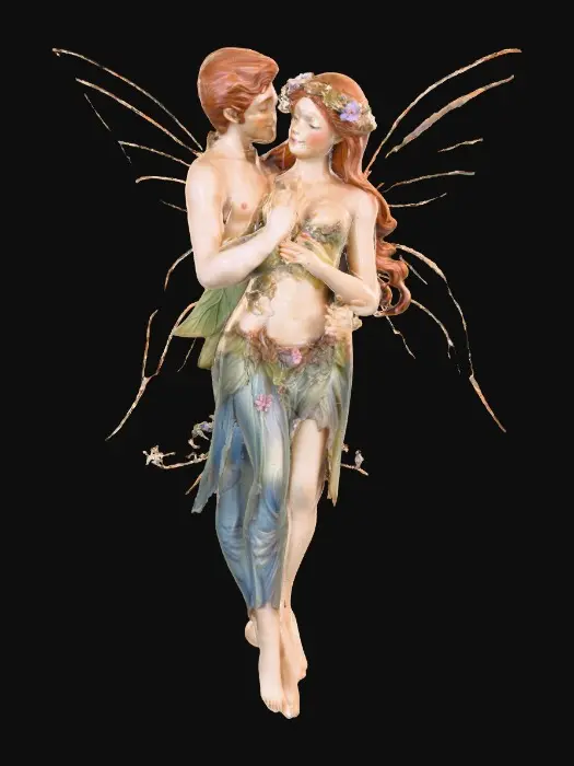 3D model for beautiful woodland fairy in a slow dance posture in mid-air, she is adorned with wild flowers, she has a beautiful figure, slim with a large bust, she has long wavy auburn hair. Her male fairy partner is holding her by the waist and hand as they dance mid-air. The fairy couple have wings made of fine lace like porcelain.  Lots of jewel like colors.
