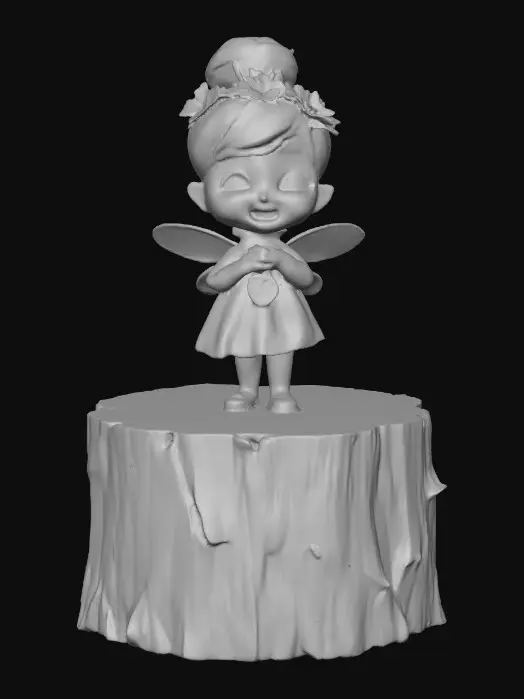 3D model for An adorable chibi cartoonish fairy sprite wearing a crown of tiny flowers. Standing on a round slice of natural wood. The fairy has head back laughing out loud. Suitable for 3d model printing.