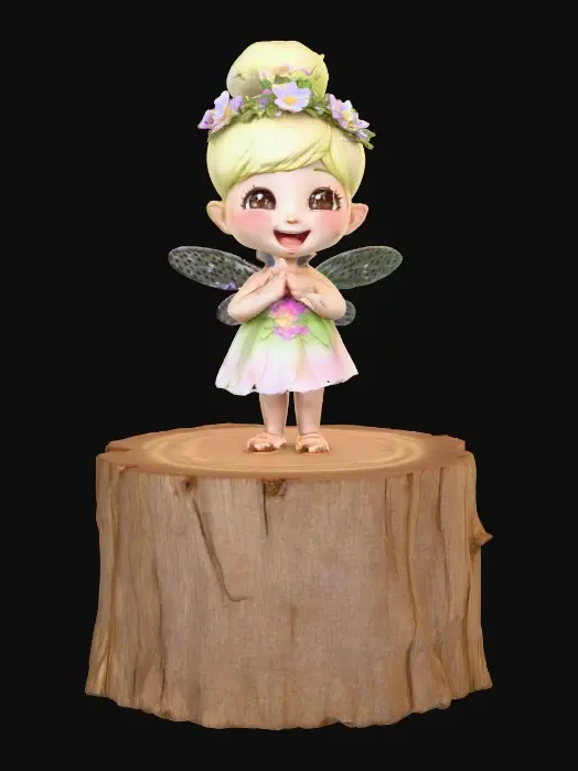 3D model for An adorable chibi cartoonish fairy sprite wearing a crown of tiny flowers. Standing on a round slice of natural wood. The fairy has head back laughing out loud. Suitable for 3d model printing.