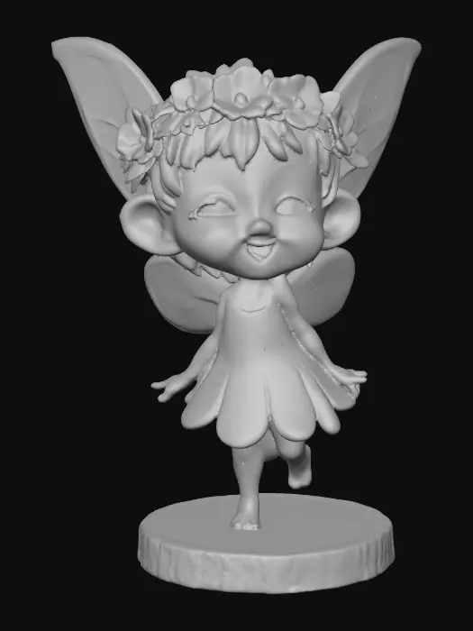 3D model for An adorable chibi cartoonish fairy sprite wearing a crown of tiny flowers. Standing on a round slice of natural wood. The fairy has head back laughing out loud. Suitable for 3d model printing.