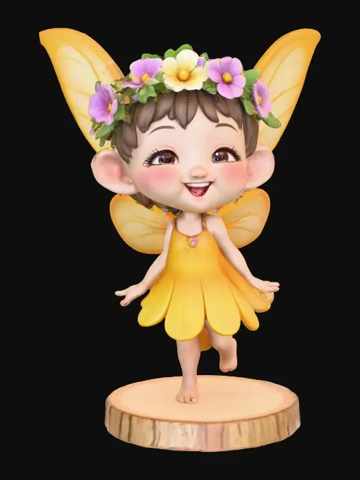 3D model for An adorable chibi cartoonish fairy sprite wearing a crown of tiny flowers. Standing on a round slice of natural wood. The fairy has head back laughing out loud. Suitable for 3d model printing.
