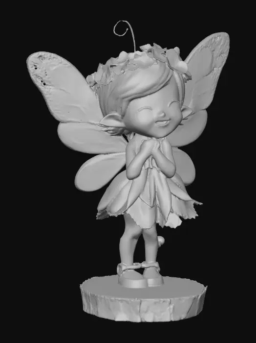 3D model for An adorable chibi cartoonish fairy sprite wearing a crown of tiny flowers. Standing on a round slice of natural wood. The fairy has head back laughing out loud. Suitable for 3d model printing.