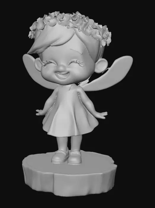 3D model for An adorable chibi cartoonish fairy sprite wearing a crown of tiny flowers. Standing on a round slice of natural wood. The fairy has head back laughing out loud. Suitable for 3d model printing.