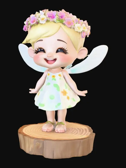 3D model for An adorable chibi cartoonish fairy sprite wearing a crown of tiny flowers. Standing on a round slice of natural wood. The fairy has head back laughing out loud. Suitable for 3d model printing.