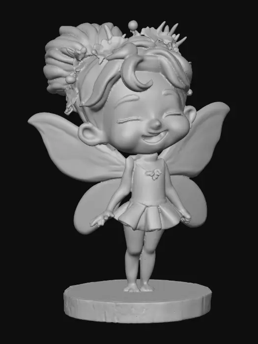 3D model for An adorable chibi cartoonish fairy sprite wearing a crown of tiny flowers. Standing on a round slice of natural wood. The fairy has head back laughing out loud. Suitable for 3d model printing.