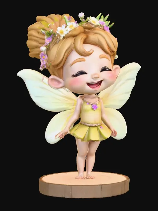 3D model for An adorable chibi cartoonish fairy sprite wearing a crown of tiny flowers. Standing on a round slice of natural wood. The fairy has head back laughing out loud. Suitable for 3d model printing.
