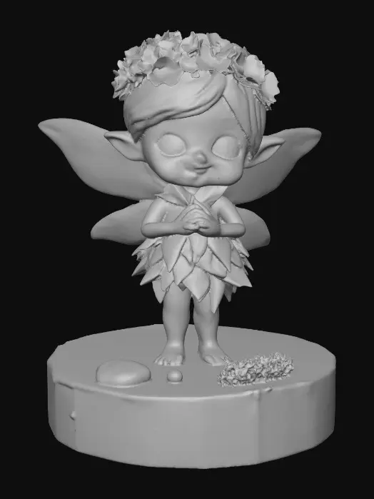 3D model for An adorable chibi cartoonish fairy sprite wearing a crown of tiny flowers. Standing on a round slice of natural wood. The fairy has head back laughing out loud. Suitable for 3d model printing.