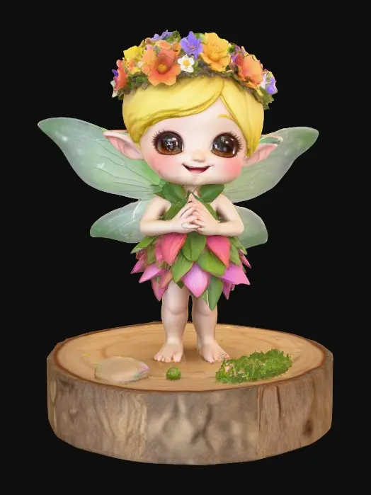 3D model for An adorable chibi cartoonish fairy sprite wearing a crown of tiny flowers. Standing on a round slice of natural wood. The fairy has head back laughing out loud. Suitable for 3d model printing.