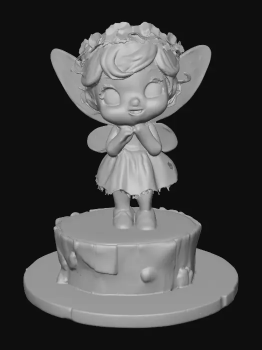 3D model for An adorable chibi cartoonish fairy sprite wearing a crown of tiny flowers. Standing on a round slice of natural wood. The fairy has head back laughing out loud. Suitable for 3d model printing.