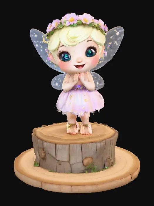 3D model for An adorable chibi cartoonish fairy sprite wearing a crown of tiny flowers. Standing on a round slice of natural wood. The fairy has head back laughing out loud. Suitable for 3d model printing.