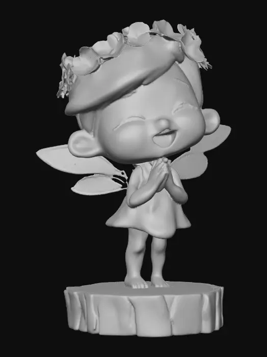 3D model for An adorable chibi cartoonish fairy sprite wearing a crown of tiny flowers. Standing on a round slice of natural wood. The fairy has head back laughing out loud. Suitable for 3d model printing.