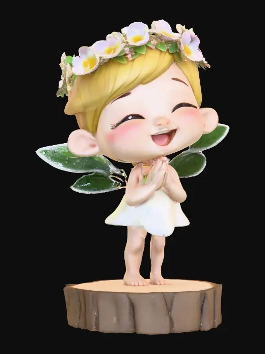 3D model for An adorable chibi cartoonish fairy sprite wearing a crown of tiny flowers. Standing on a round slice of natural wood. The fairy has head back laughing out loud. Suitable for 3d model printing.