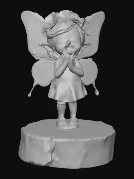 3D model for An adorable chibi cartoonish fairy sprite wearing a crown of tiny flowers. Standing on a round slice of natural wood. The fairy has head back laughing out loud. Suitable for 3d model printing.