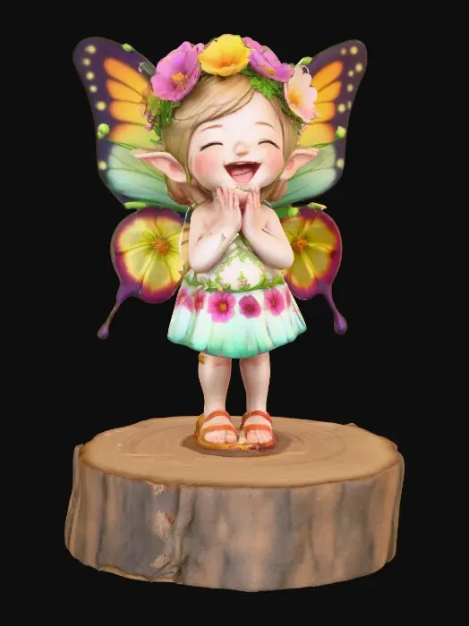 3D model for An adorable chibi cartoonish fairy sprite wearing a crown of tiny flowers. Standing on a round slice of natural wood. The fairy has head back laughing out loud. Suitable for 3d model printing.