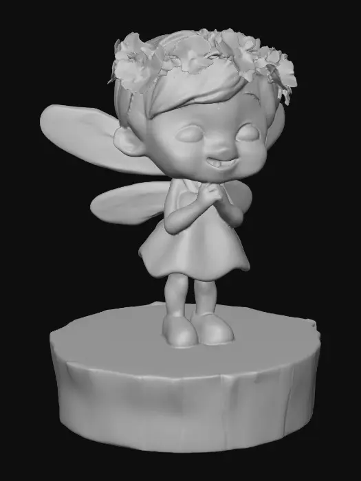 3D model for An adorable chibi cartoonish fairy sprite wearing a crown of tiny flowers. Standing on a round slice of natural wood. The fairy has head back laughing out loud. Suitable for 3d model printing.
