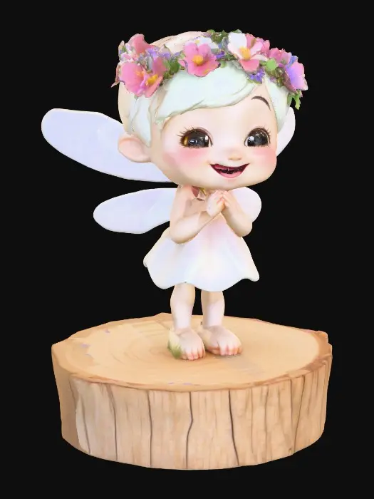 3D model for An adorable chibi cartoonish fairy sprite wearing a crown of tiny flowers. Standing on a round slice of natural wood. The fairy has head back laughing out loud. Suitable for 3d model printing.