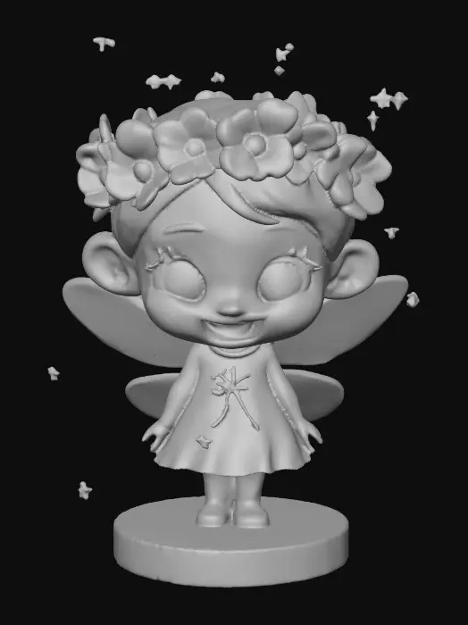 3D model for An adorable chibi cartoonish fairy sprite wearing a crown of tiny flowers. Standing on a round slice of natural wood. The fairy has head back laughing out loud. Suitable for 3d model printing.