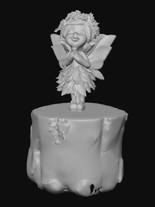 3D model for An adorable chibi cartoonish fairy sprite wearing a crown of tiny flowers. Standing on a round slice of natural wood. The fairy has head back laughing out loud. Suitable for 3d model printing.