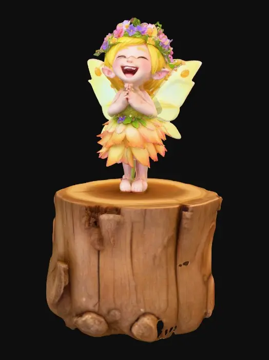 3D model for An adorable chibi cartoonish fairy sprite wearing a crown of tiny flowers. Standing on a round slice of natural wood. The fairy has head back laughing out loud. Suitable for 3d model printing.