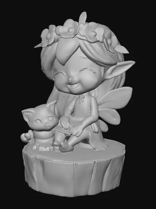 3D model for An adorable chibi cartoonish fairy sprite wearing a crown of tiny flowers. Sitting on a round slice of natural wood. The fairy has head back laughing out loud. A small kitten sits beside the fairy with a quizical expression on it's face.  Suitable for 3d model printing.
