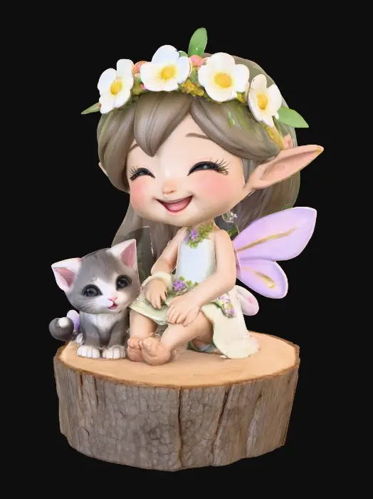 3D model for An adorable chibi cartoonish fairy sprite wearing a crown of tiny flowers. Sitting on a round slice of natural wood. The fairy has head back laughing out loud. A small kitten sits beside the fairy with a quizical expression on it's face.  Suitable for 3d model printing.