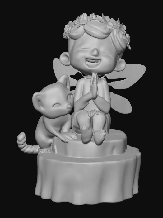 3D model for An adorable chibi cartoonish fairy sprite wearing a crown of tiny flowers. Sitting on a round slice of natural wood. The fairy has head back laughing out loud. A small kitten sits beside the fairy with a quizical expression on it's face.  Suitable for 3d model printing.