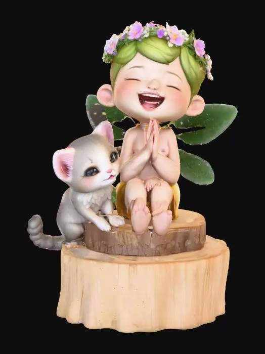 3D model for An adorable chibi cartoonish fairy sprite wearing a crown of tiny flowers. Sitting on a round slice of natural wood. The fairy has head back laughing out loud. A small kitten sits beside the fairy with a quizical expression on it's face.  Suitable for 3d model printing.