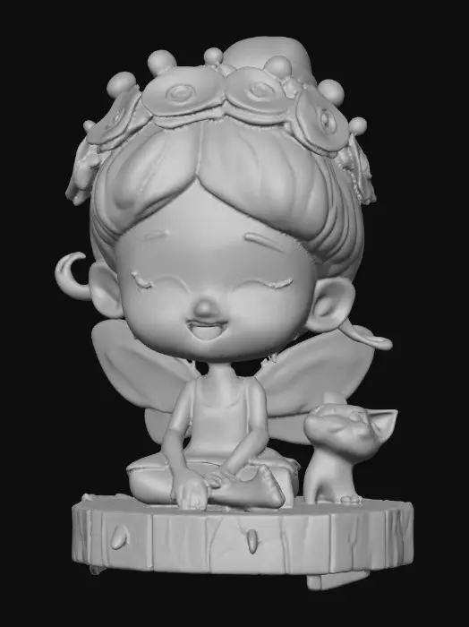 3D model for An adorable chibi cartoonish fairy sprite wearing a crown of tiny flowers. Sitting on a round slice of natural wood. The fairy has head back laughing out loud. A small kitten sits beside the fairy with a quizical expression on it's face.  Suitable for 3d model printing.