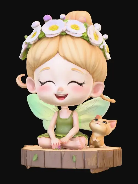 3D model for An adorable chibi cartoonish fairy sprite wearing a crown of tiny flowers. Sitting on a round slice of natural wood. The fairy has head back laughing out loud. A small kitten sits beside the fairy with a quizical expression on it's face.  Suitable for 3d model printing.