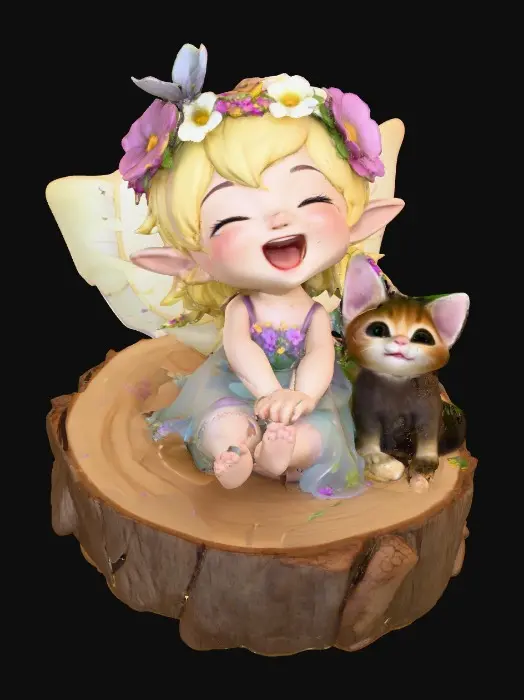 3D model for An adorable chibi cartoonish fairy sprite wearing a crown of tiny flowers. Sitting on a round slice of natural wood. The fairy has head back laughing out loud. A small kitten sits beside the fairy with a quizical expression on it's face.  Suitable for 3d model printing.