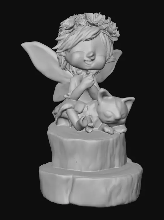 3D model for An adorable chibi cartoonish fairy sprite wearing a crown of tiny flowers. Sitting on a round slice of natural wood. The fairy has head back laughing out loud. A small kitten sits beside the fairy with a quizical expression on it's face.  Suitable for 3d model printing.