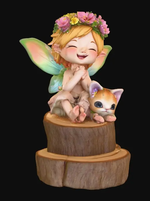 3D model for An adorable chibi cartoonish fairy sprite wearing a crown of tiny flowers. Sitting on a round slice of natural wood. The fairy has head back laughing out loud. A small kitten sits beside the fairy with a quizical expression on it's face.  Suitable for 3d model printing.