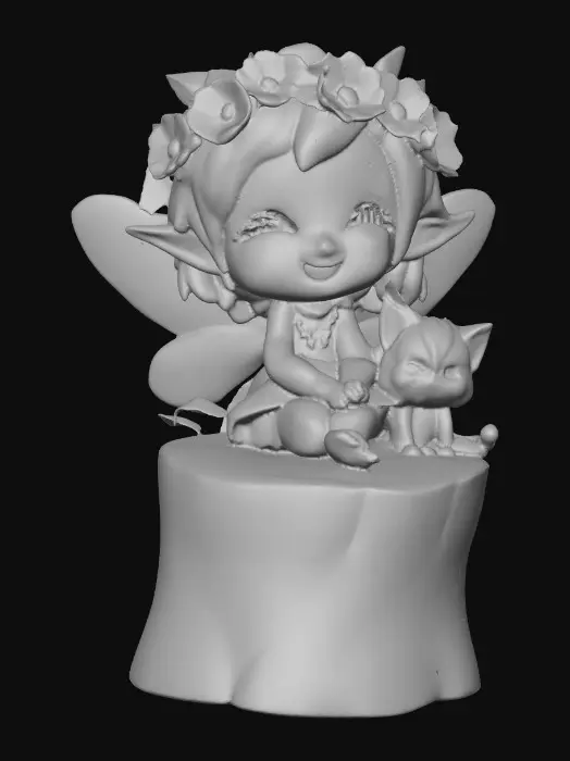 3D model for An adorable chibi cartoonish fairy sprite wearing a crown of tiny flowers. Sitting on a round slice of natural wood. The fairy has head back laughing out loud. A small kitten sits beside the fairy with a quizical expression on it's face.  Suitable for 3d model printing.