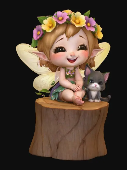 3D model for An adorable chibi cartoonish fairy sprite wearing a crown of tiny flowers. Sitting on a round slice of natural wood. The fairy has head back laughing out loud. A small kitten sits beside the fairy with a quizical expression on it's face.  Suitable for 3d model printing.