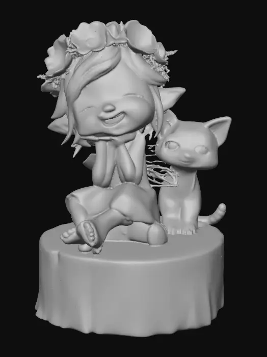 3D model for An adorable chibi cartoonish fairy sprite wearing a crown of tiny flowers. Sitting on a round slice of natural wood. The fairy has head back laughing out loud. A small kitten sits beside the fairy with a quizical expression on it's face.  Suitable for 3d model printing.